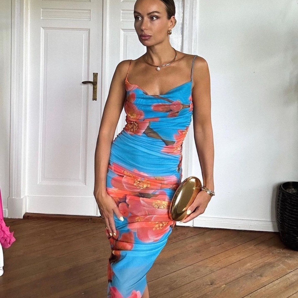 ZARA DRAPED FLORAL PRINTED TULLE DRESS